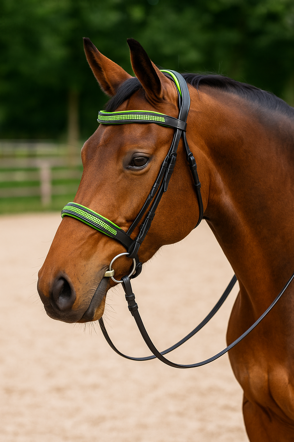 EquiPride Neon Luxe Crystal Bridle – Black & Green Padded Comfort Fit  EquiPride Neon Luxe Crystal Bridle – Black & Green Padded Comfort Fit