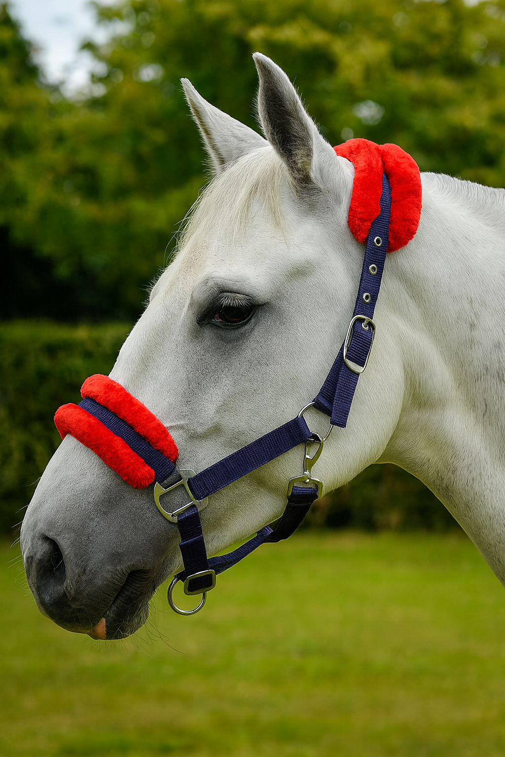 Hy Equestrian Two-Tone Padded Faux Fur Headcollar – Navy & Red  Hy Equestrian Two-Tone Padded Faux Fur Headcollar – Navy & Red