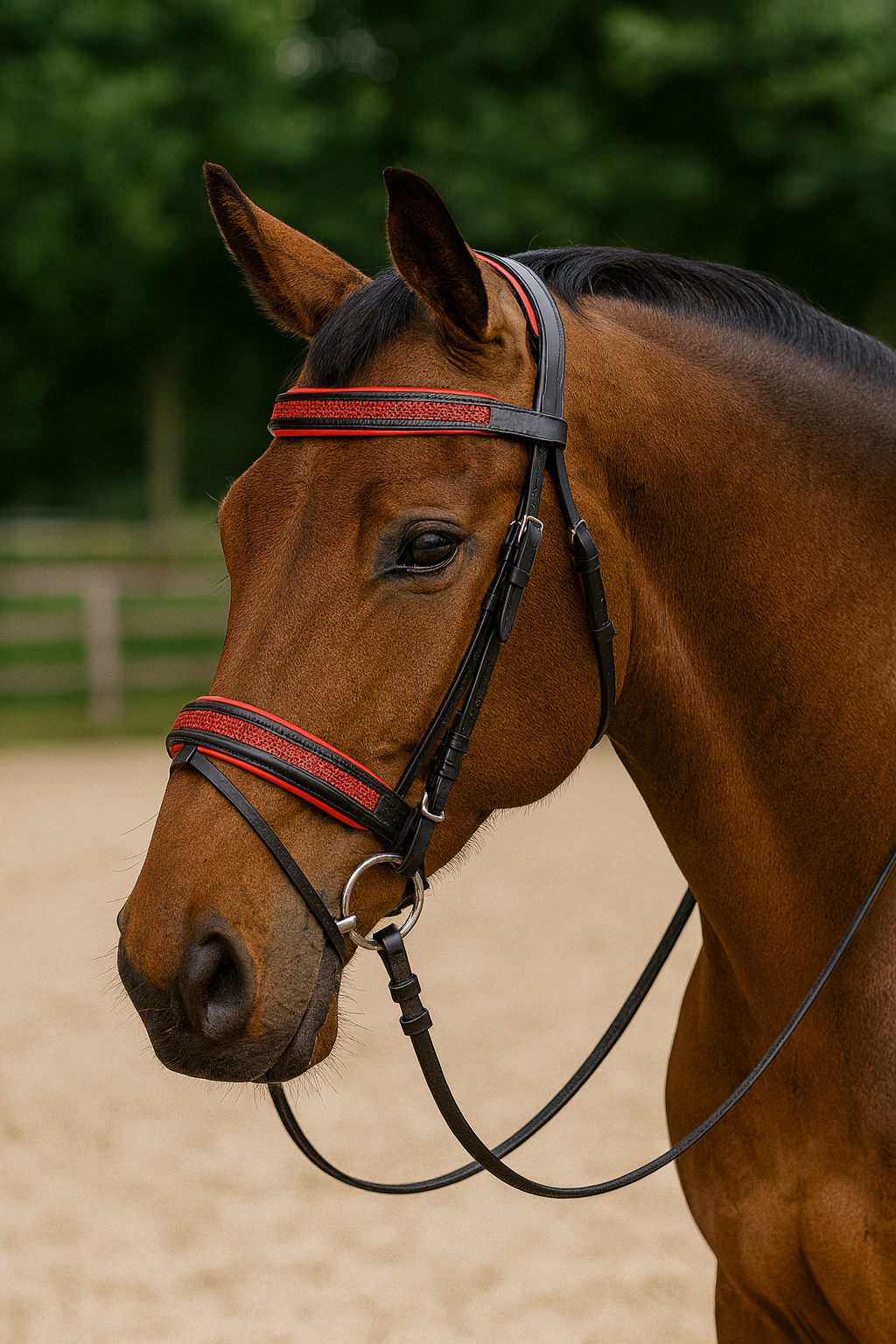 EquiPride Scarlet Crystal Comfort Bridle – Black & Red Padded Brilliance  EquiPride Scarlet Crystal Comfort Bridle – Black & Red Padded Brilliance